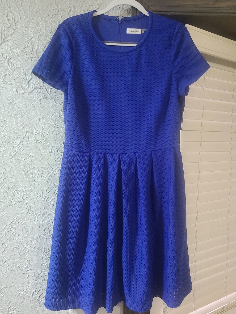 Calvin Klein Electric Blue Short Sleeve Fit-and-Flare Midi Dress